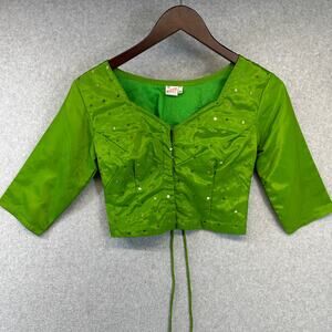 Vintage Preeti Top Womens Size 34 Green Cropped Sequins 3/4 Sleeve Tie Back